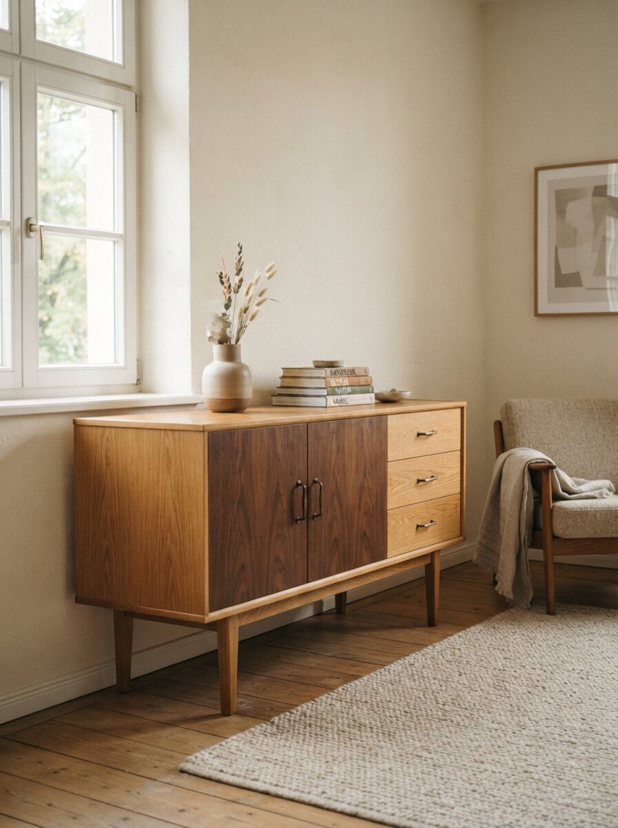Aufgearbeitetes Mid-century-Sideboard aus Eiche und Nussbaum in einem hellen Wohnraum